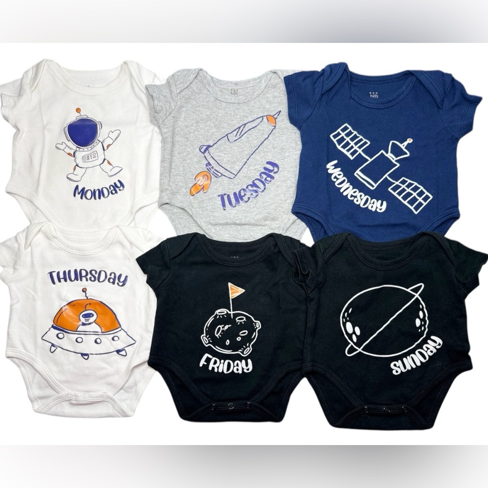 6- Pack Baby Bodysuits Nb Months Theme Days of Week Cotton Onesies Unidex Cute